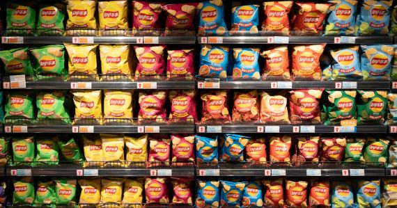 A display in a store filled with lots of chips, illustrating uses of prison canteen funds