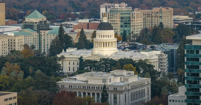 California state capitol building and surrounding cityscape, illustrating California targeting prison phone use