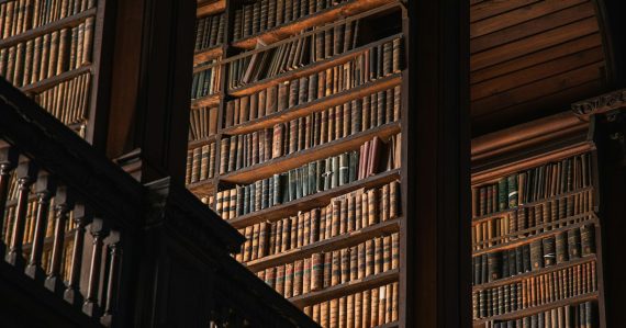 Brown wooden book shelves with books, illustrating Michigan's contraband phone law