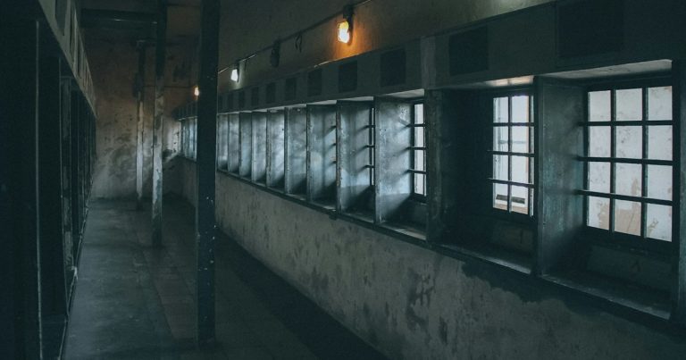 A dimly lit hallway with windows and bars, illustrating staff resisting phone searches