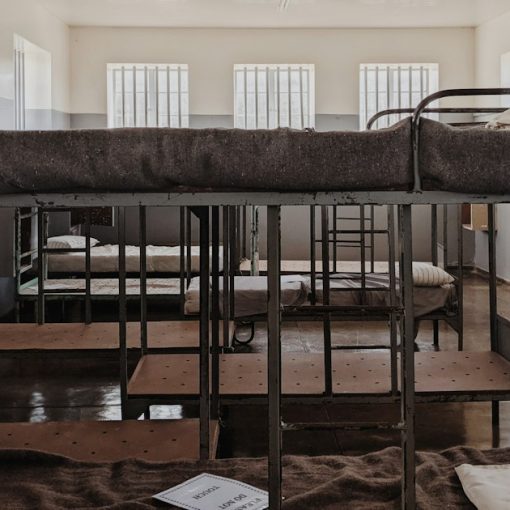 A bunk bed in a room with a lot of windows, illustrating amenities in a women's prison