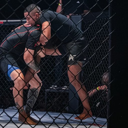 Two fighters grappling inside a cage, illustrating a prison fight blamed on phones