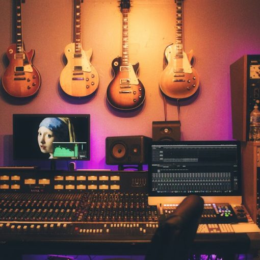 A recording studio with a large mixing console, illustrating evidence from recorded jail calls
